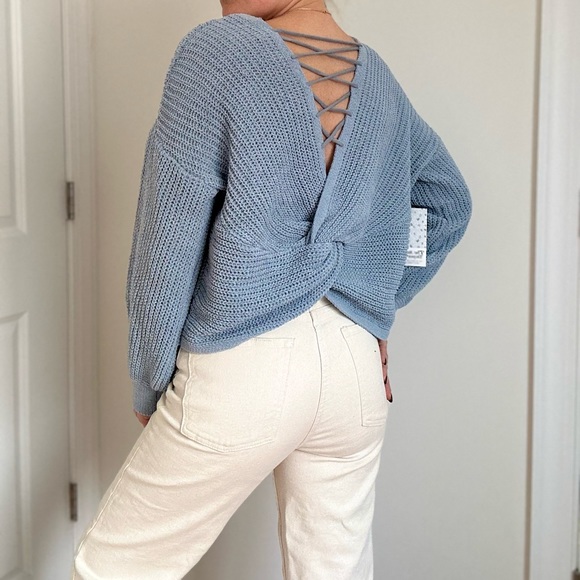 Knot Back with Lace Up Design Pullover Sweater - Picture 1 of 10